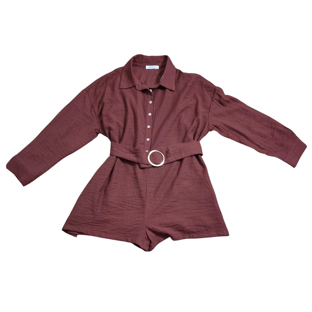 12th Tribe Boho Rust Brown Belted Button Down Romper Womens Large NWT - Picture 3 of 11